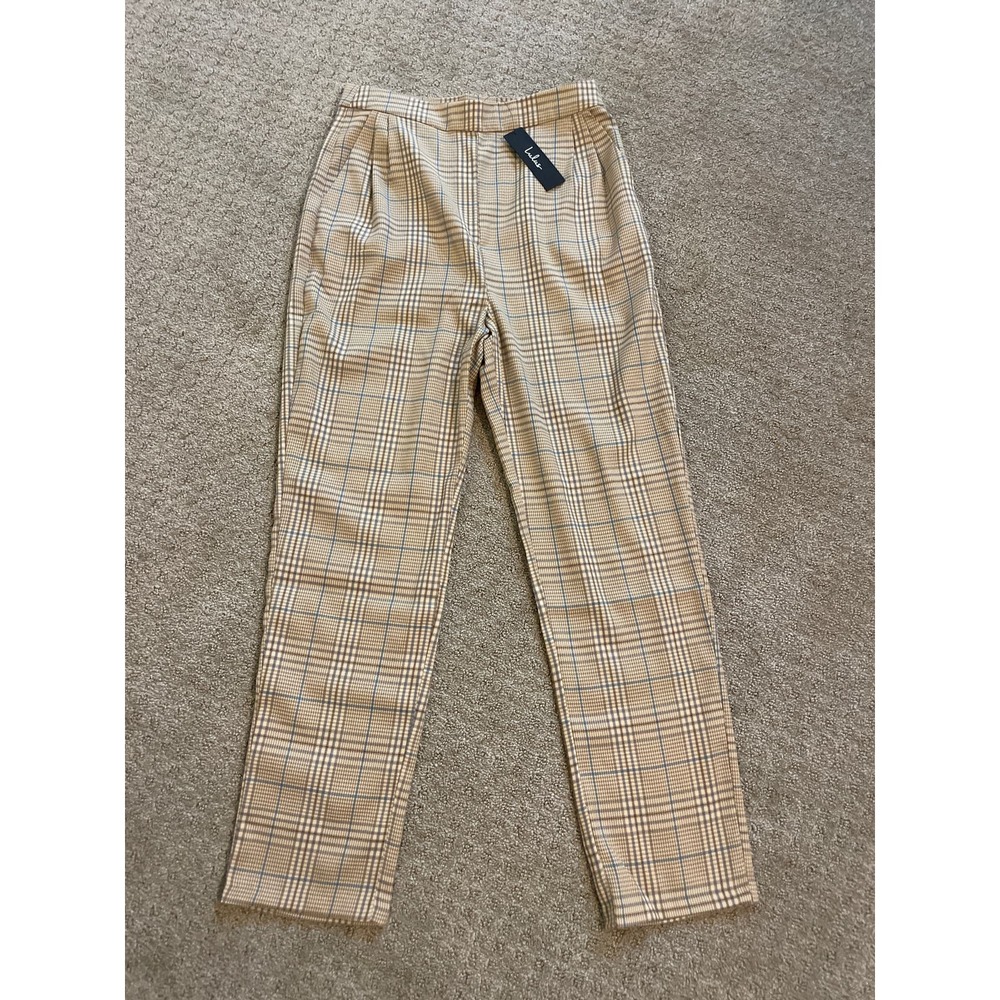 NWT- Lulus Brown & Cream Plaid High Waist Pleat Pants